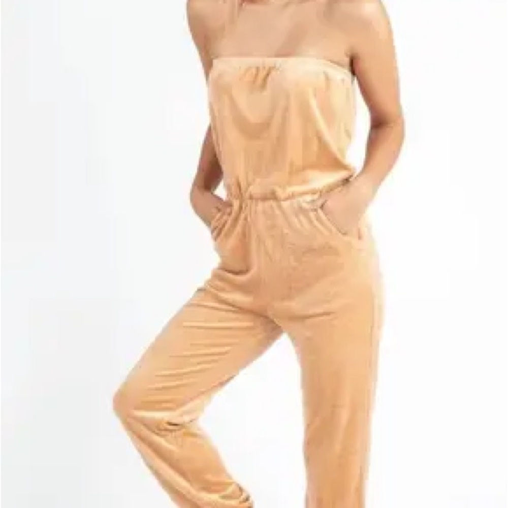 Kittenish velour Stylish light orange Strapless Jumpsuit